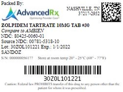 Zolpidem Tartrate 10mg Tab Qty 30 Ndc 80425 0060